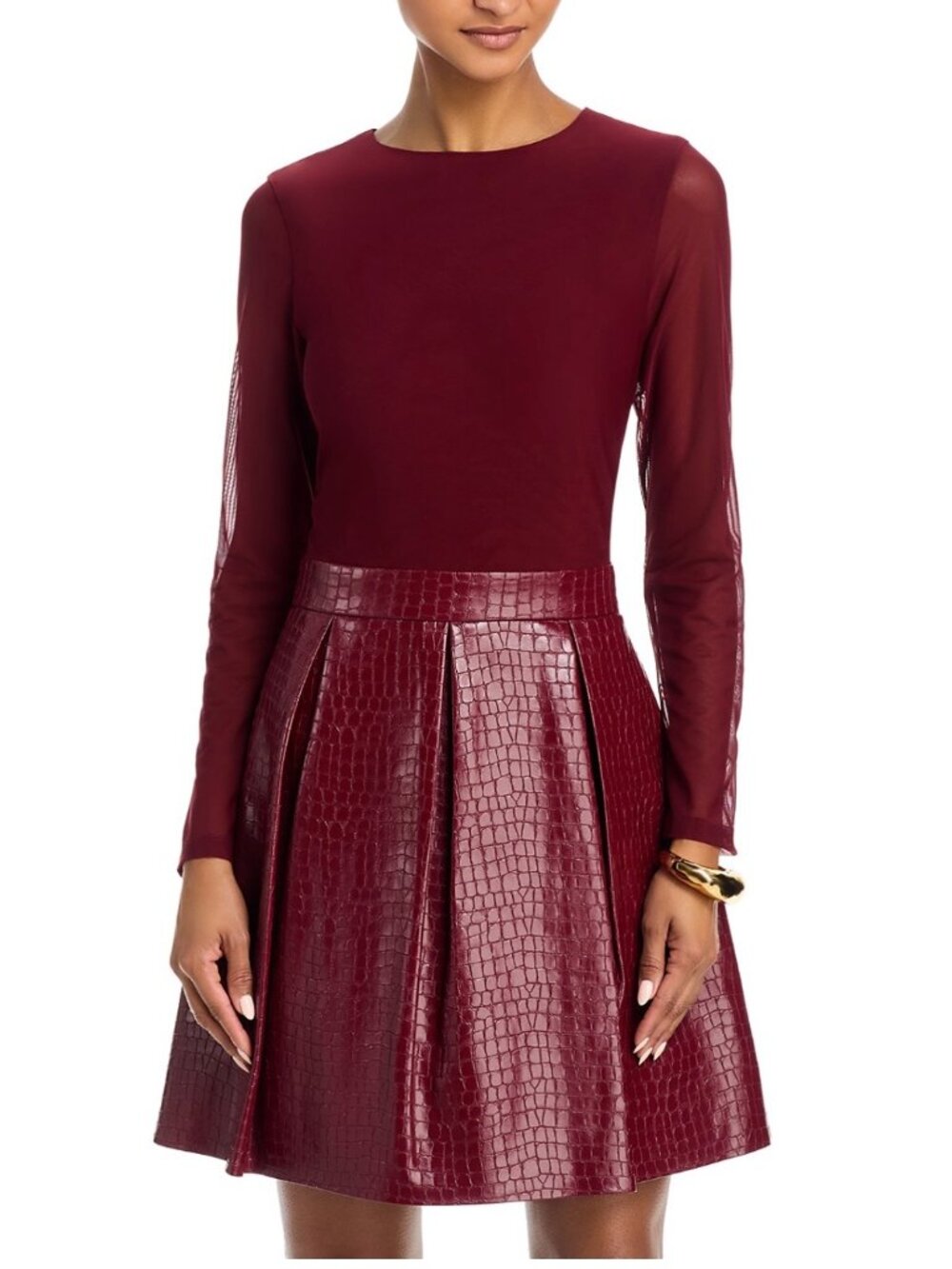 Alice and Olivia Chara Croc Embossed Pleated Dress Oxblood
